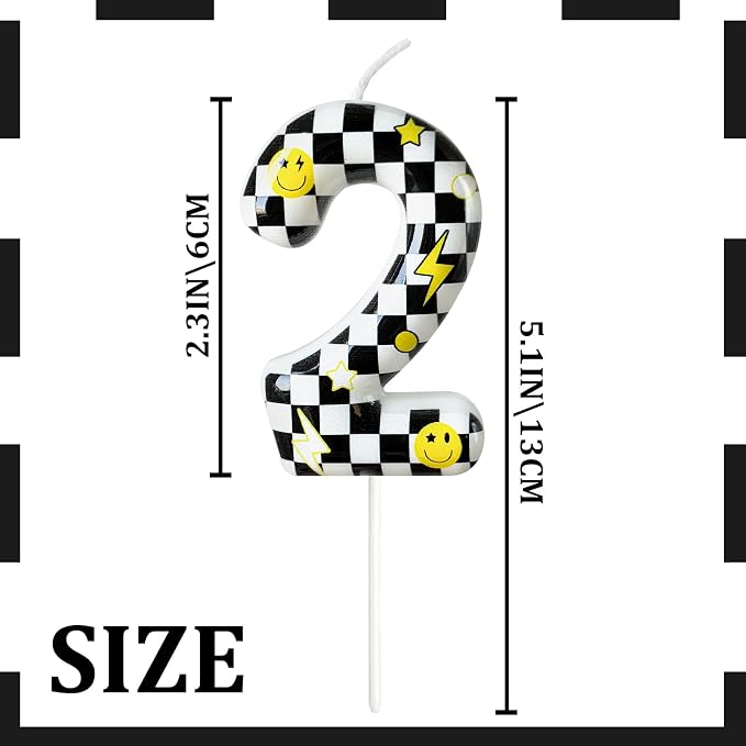 Number 2 Birthday Candle for Cake – Black White Checkered Smiley Design with Lightning & Star – Two Happy Dudes Theme Cake Topper for Birthday Party Decorations