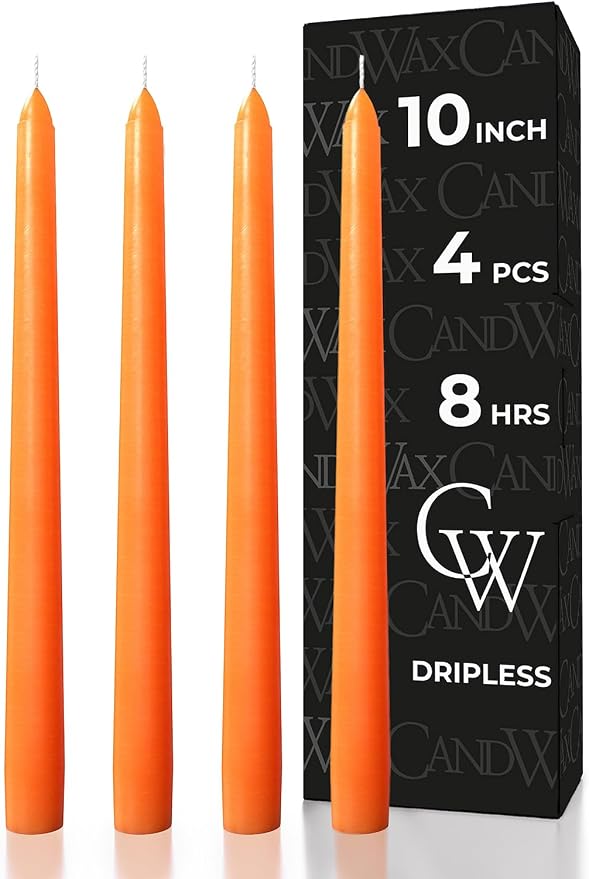CANDWAX 10 inch Orange Taper Candles Set of 4 — Unscented Dripless Tapered Candle Sticks — Perfect as Halloween Décor or as Thanksgiving Dinner Table Centerpiece Orange Candlesticks