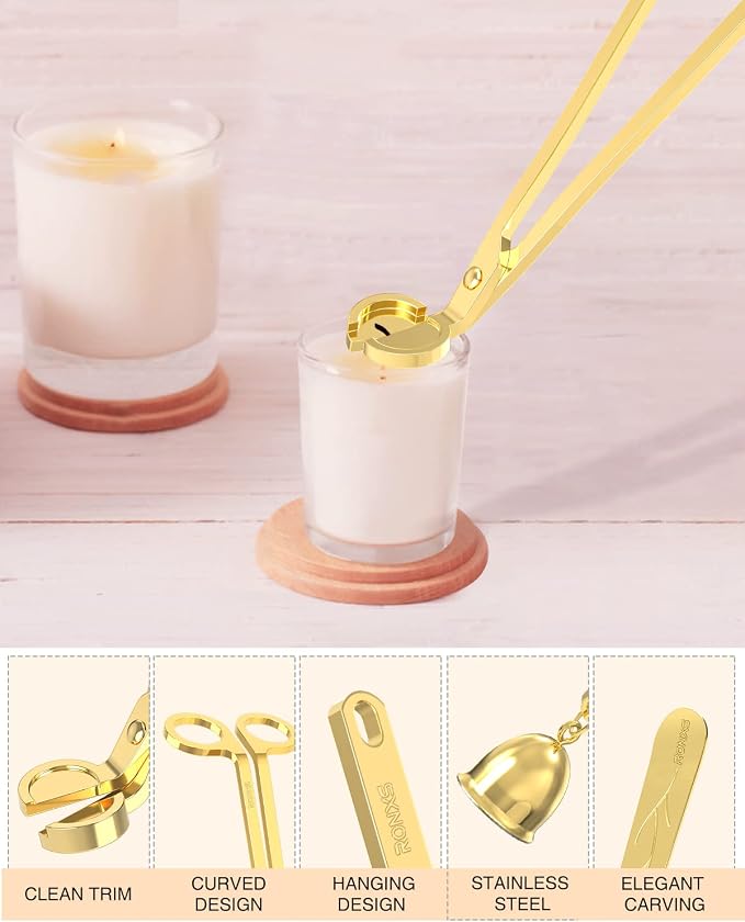 RONXS 3 in 1 Candle Wick Trimmer Set Candle Accessory Wick Cutter, Candle Snuffer Extinguisher, Candle Wick Dipper with Gift Package for Candle Lovers (Gold)