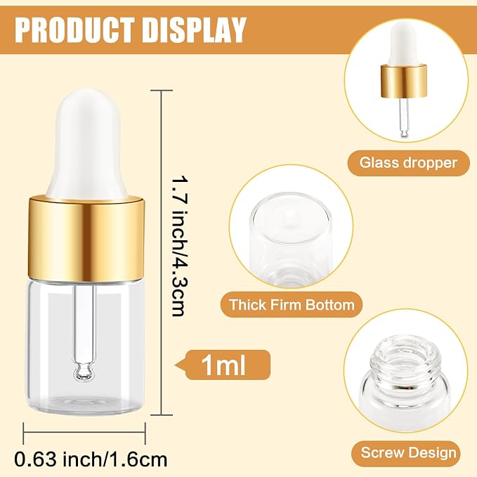 100 Pcs Sample Dropper Bottles,1ml Clear Glass Dropper Bottles,Clear Essential Small Empty Bottle for Cosmetic Liquid Perfume,Empty Travel Sample Vials with Gold Cap(1 ml,Gold)