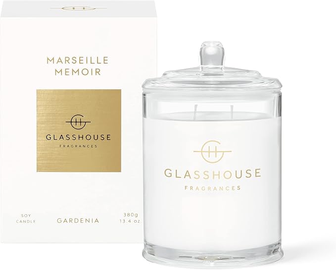 Glasshouse Fragrances Marseille Memoir Candle, Triple Scented Natural Soy Wax Blend, 2 Wicks & Glass Jar, 65 Hour Burn Time, Gardenia, 13.4 Oz (380g)