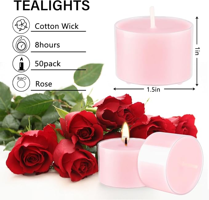 Rose Scented Candle Tealight Candles in Clear Cup, 8 Hours Consistent Smkless Clean Burning, Great for Valentine's Day Holiday, Wedding, Spa, Emergency and Home Decoration（Pink，50 Pack）