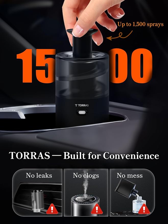 Torras Smart Car Air Freshener Diffuser CF18, Landscape Car Diffuser, Auto On/Off, 3 Modes, Ambient lights, 1100mAh Built-in Battery, Perfume Natural Fragrance, Lasts 3 Months
