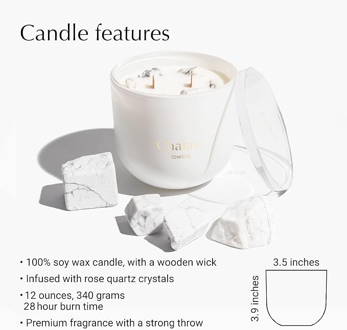 Hidden Label 12oz Howlite Quartz Coconut Lime Crystal Candle, 2 Wood Wicks Scented Crackling Candles, Chakra Collection Meditation Healing Candles with Crystals Inside