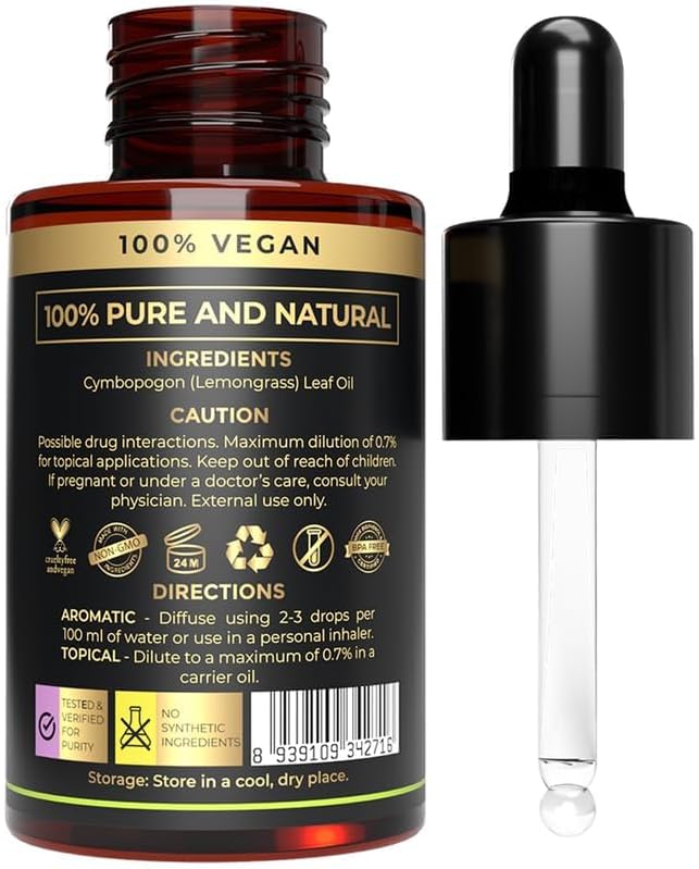 100% Plant Based Lemongrass Essential Oil | Ideal for Relaxation | Organic, Skin Safe, Lemon Grass Oil for Diffusers, Candle Making, Hair Care & Natural Skin Care