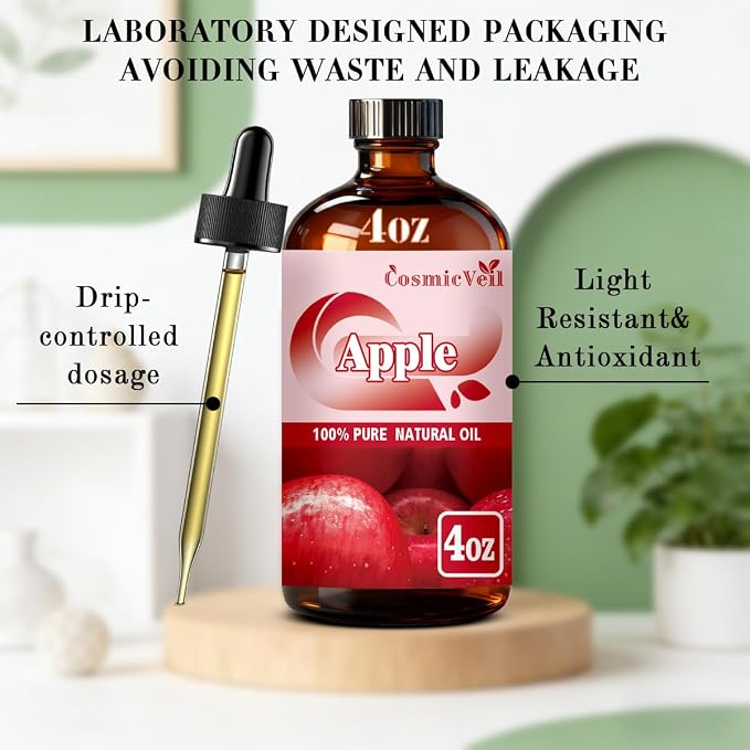 Apple Essential Oil Apple Oil for Aroma Diffuser,Humidifier,Home Fragrance,Cleaning,Body Care,Massage,Yoga,DIY Candle,DIY Soap CosmicVeil（Apple，4 Fl Oz (Pack of 1)）