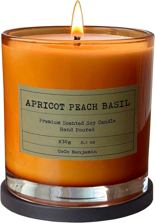 100% Natural Soy Wax Candle by CoCo Benjamin - Highly Scented & Hand-Poured Luxury Candle (Apricot Peach Basil) - Clean Burning Cotton Wick