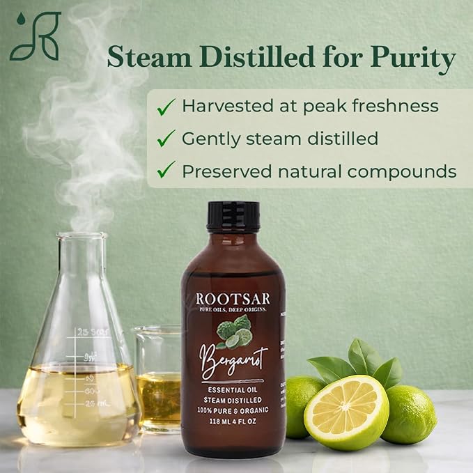 Bergamot Essential Oil – 100% Pure Organic Bergamot Oil, Cold Pressed, 4 FL OZ / 118 ML – Premium Essential Oil for Diffuser, Aromatherapy, Massage, Skin Care, Candle & Soap Making