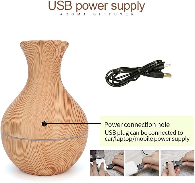 Ultrasonic Humidifier,Portable USB Mute Ultrasonic Diffuser Essential Oil Humidifier with 7 Colors LED Night Light for Home,Bedroom,Living(Light Wood Grain)