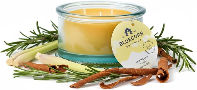 Bluecorn Botanica Beeswax 3-Wick Candle – Lemongrass, Cassia & Rosemary, 100% Pure Beeswax & Essential Oils – 10oz Hand-Blown Recycled Spanish Glass – Non Toxic, Clean Burning, Refillable Glass Jar