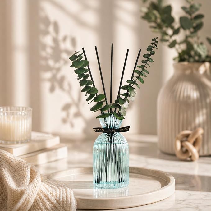 Airkeep Reed Diffuser Set 6.76 oz – Ocean Mist Decorative Home Fragrance with Eucalyptus Sticks, Ribbed Glass Diffuser for Bathroom & Bedroom Décor, Gift Ready