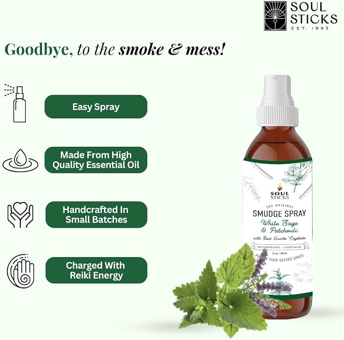 SOUL STICKS White Sage & Patchouli Smudge Spray For Cleansing and Negative Energy | 3.5oz White Sage Smudge Spray with Real Quartz Crystals | Car Fragrance Sage Room Spray for Spiritual Cleansing