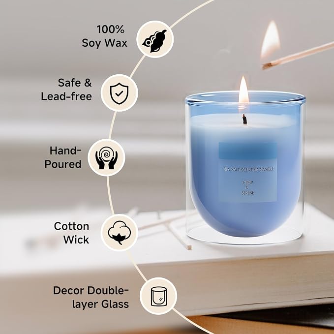 Aromatherapy Candle Gifts for Women Men Friends, Ocean Scented Summer Single Wick Soy Wax Jar Candle, Blue