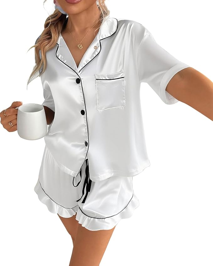 CHYRII Women's Silk Satin Pajamas Two Piece Pj Sets Short Sleeve Tops Ruffled Shorts Sleepwear with Magnetic Diffuser