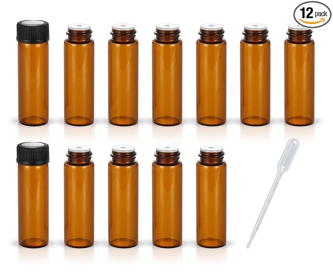 12 Pack Set Brown Screw Cap Glass Bottle Small Mini Empty Oil Amber Vial (5ml)