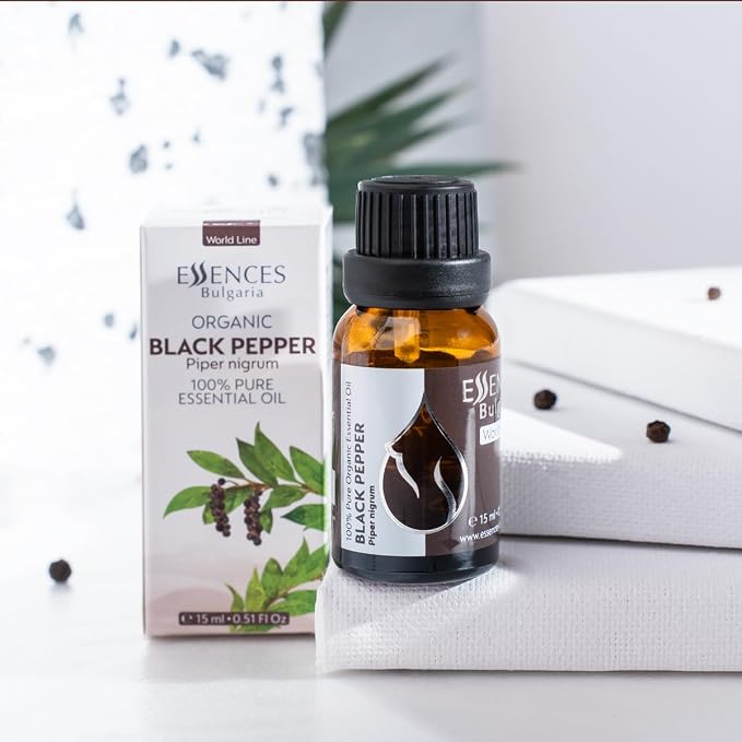 Essences Bulgaria Organic Black Pepper Essential Oil 0.51 Fl Oz | 15ml Piper nigrum - 100% Pure Natural Undiluted Therapeutic Grade for Aromatherapy Humidifier and Relaxing Massage to Ease Joint Ache