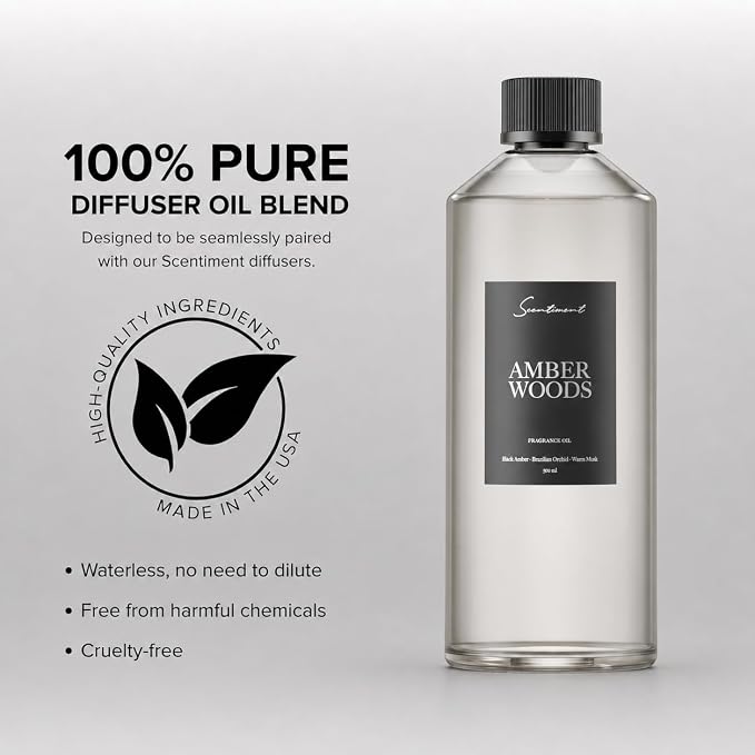 Scentiment Amber Woods Diffuser Oil - Premium Hotel Scent with Notes of Black Amber, Plum, & Crème de Cassis Home Scent, Aromatherapy Fragrance Oil Diffuser Refill - 16.91 fl oz (500 mL)