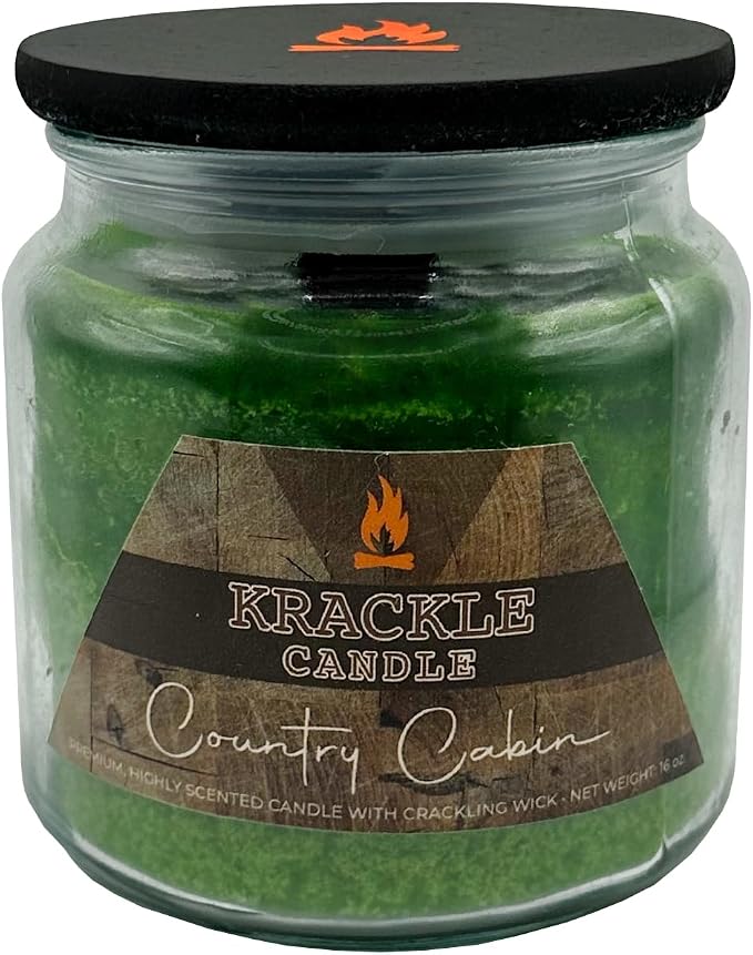 Krackle Candle | Country Cabin | 16 oz Scented Candle with Natural Crackling Wooden Wick | Poured in the USA | Woody Pine & Spicy Forest Fragrance