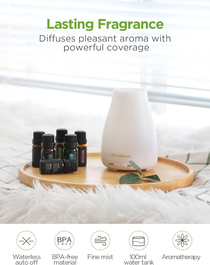 InnoGear Essential Oil Diffuser with Oils, 100ml Aromatherapy Diffuser with 6 Essential Oils Set, Aroma Cool Mist Humidifier Gift Set, White