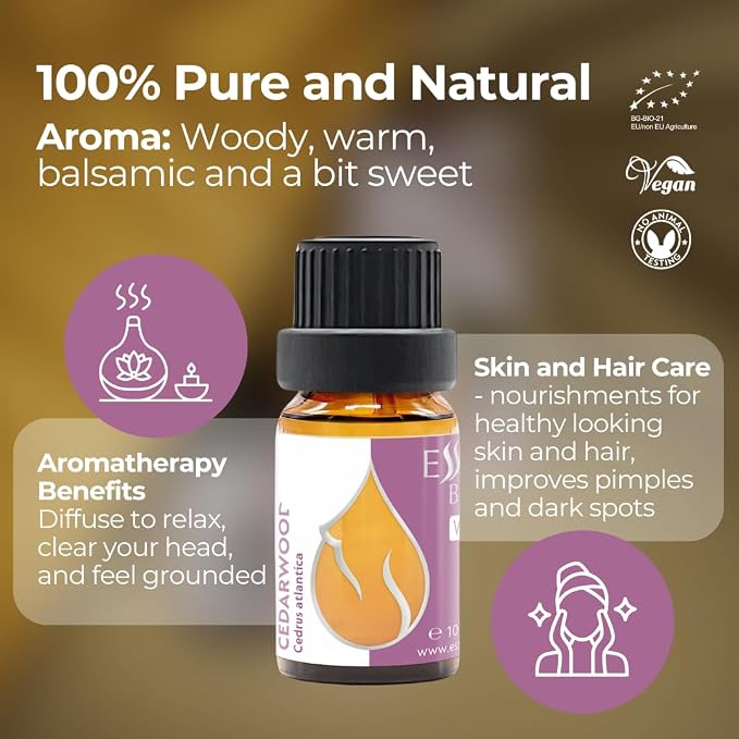 Essences Bulgaria Organic Cedarwood Essential Oil 0.34 Fl Oz 10ml Cedrus atlantica - 100% Pure Natural Undiluted Therapeutic Grade for Aromatherapy with Diffuser Humidifier DIY Men Cologne