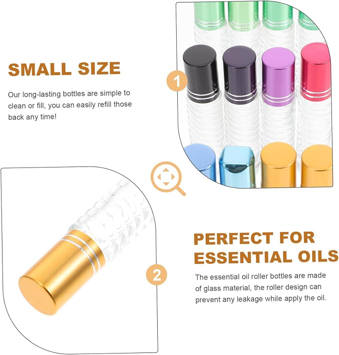 12pcs 5ml Refillable Glass Roll-on Bottles Essential Oil Bottle Kit Portable Perfume Sub-packaging Empty Mini Roller for Travel and Aromatherapy Random Color