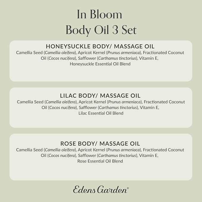 Edens Garden in Bloom Body Oil 3 Set – Floral Bath, Body & Massage Oils with Pure Essential Oils & Vitamin E, Moisturizing Aromatherapy Skincare Gift Set, 1 fl oz (30 ml)/ 3 Pack