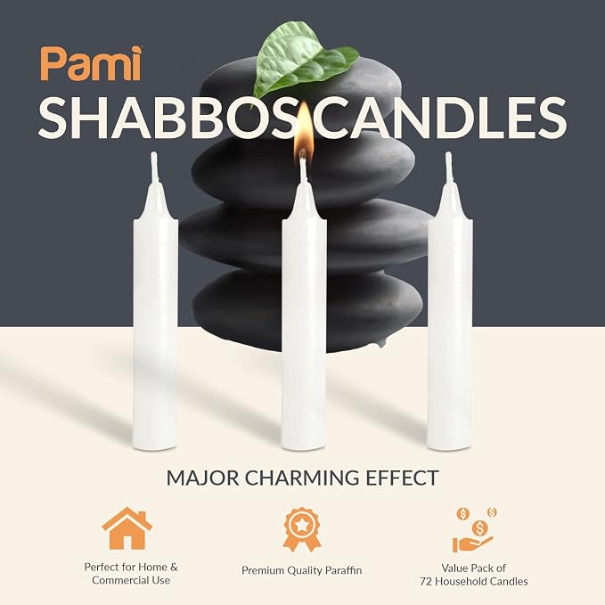PAMI Traditional Shabbat Candle Sticks [72-Pack] - Unscented Taper Candles with 3 Hours Burning Time- Paraffin Shabbos Candles with Beautiful Flame- Tall Dinner Candles for Candlestick Holders