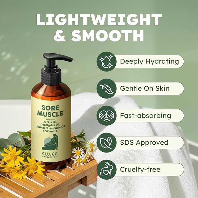Kukka Sore Muscle Massage Oil for Fast-Absorbing Massage - 6.76 Fl Oz - Made with Arnica Oil, Eucalyptus, Roman Chamomile - for Sore Body & Stiff Muscles - Multipurpose for All Skin Types