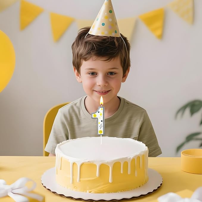 Number 1 Birthday Candle for Cake – 2.7 Inch Large Size Black White Checkered Smiley Design with Lightning & Star – One Happy Dude Theme Cake Topper Decoration