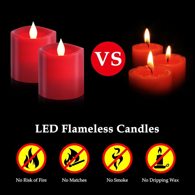 Red LED Pillar Candles, 3inch - Battery Operated with Remote Timer, Flickering Flame, Lasts Over 600 Hours, Perfect for Christmas and Halloween Deco (Red, 3"*3"-2pcs)