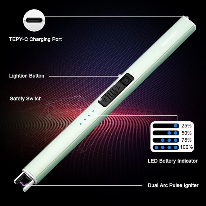 ARECTECH Electric Candle Lighter with Type-C Cable Rechargeable Plasma Arc Lighter for Candle Camping Kitchen Stove Birthday Gift for Man Women Wife Green