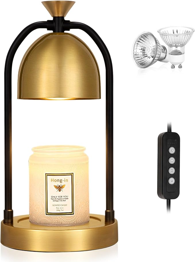 Hong-in Gold Candle Warmer Lamp with Timer-Modern Room Decor Aesthetic Vintage, Gifts for Women,Dimmable Wax Melt Warmer for Scented Wax with 2 Bulbs