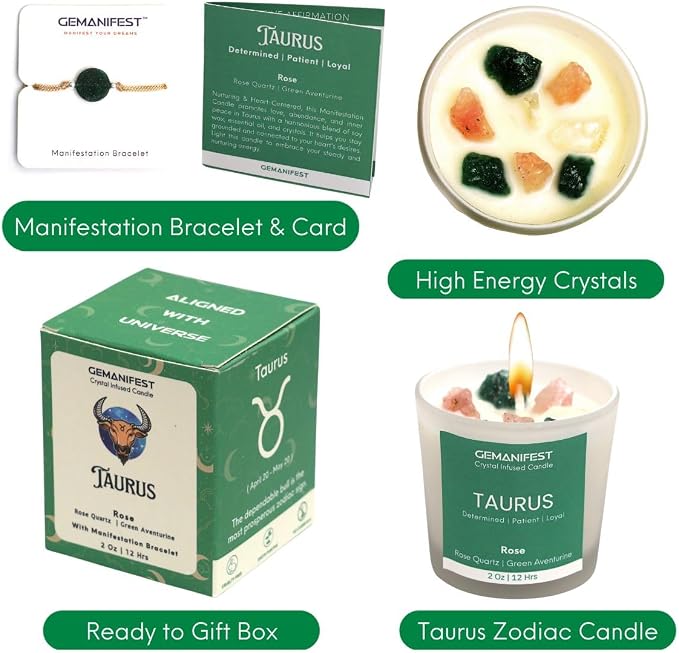 Taurus Zodiac Candle with Bracelet, Rose Scented, Taurus Crystals Birthstone Gifts for Women, Mom, Grandma, Candle Lovers