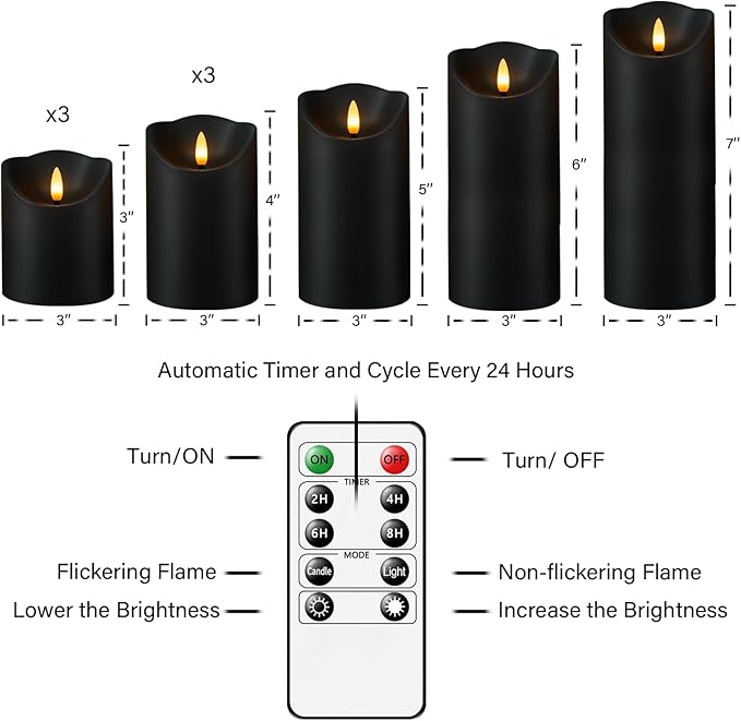 Nimiko Flameless Candles with Remote, Battery Operated Flickering Flameless Candles, LED Candles with Timer 2/4/6/8H, with Realistic LED Candles Set of 9 (D3 x H 3" 4" 5" 6" 7") (Black)