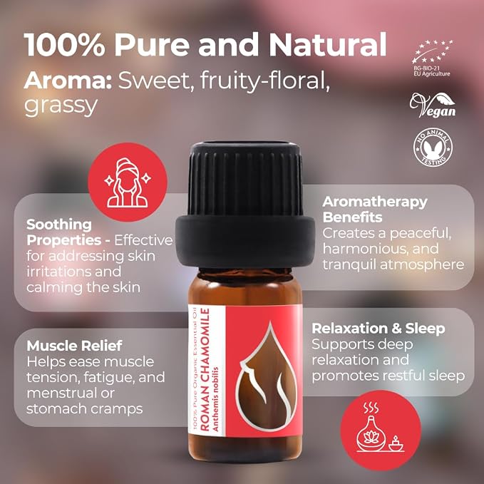 Essences Bulgaria Organic Roman Chamomile Essential Oil 1/6 Fl Oz | 5ml | Anthemis nobilis | 100% Pure and Natural | Undiluted | Therapeutic Grade | Family Owned Farm | Steam-Distilled | Non-GMO