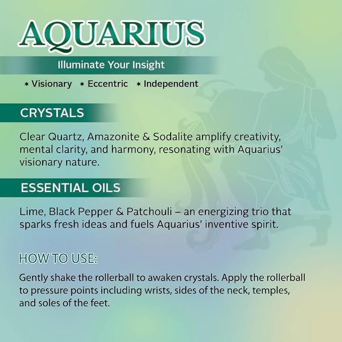 Aquarius Zodiac Crystal-Infused Essential Oil Rollerball, Aromatherapy Blend - Creativity & Clarity, Premium Astrology Sign Birthday Gift, Natural Therapeutic Roller, 10 mL