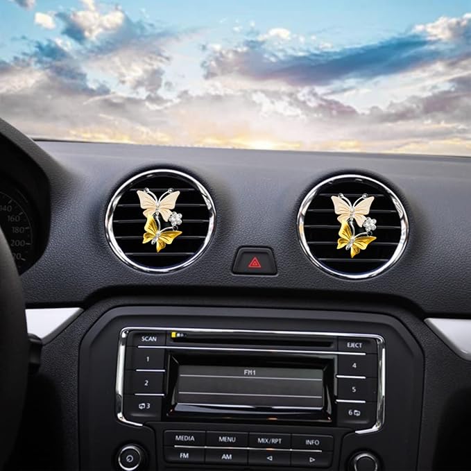 1PC Car Air Fresheners Vent Clips, Cute Dual Butterfly Diamond Rhinestone Car Vent Clip, Air Outlet Perfume Diffuser, Sparkly Bling Car Interior Decoration Accessories for Girls Women Yellow