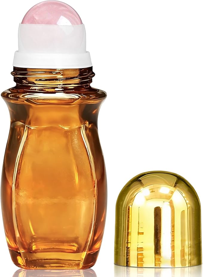 Rose Quartz Roller Bottles for Essential Oils, 50ml Refillable Waist Amber Glass Roll On Bottles with Natural Crystal Roller Balls, Leak-Proof Travel Perfume Bottle with Gold Caps