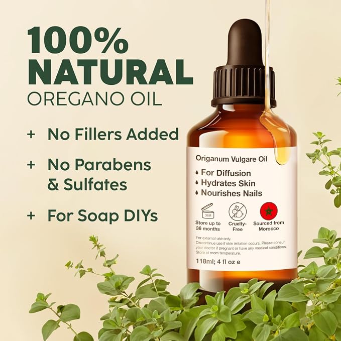 100% Pure Oregano Oil - 4 Fl Oz Oregano Essential Oil for Hair, Skin, Diffuser, Aromatherapy & DIY Soap Making Scent