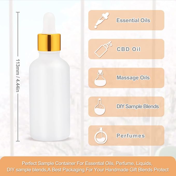 6 Pack Drop Bottle for Essential Oils, Empty Glass Holder With Glass Eye Dropper, Golden Cap Travel Perfume Container - Pipette & Funnel included (50ml/1.7 fl oz)