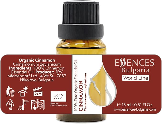 Essences Bulgaria Organic Ceylon Cinnamon Essential Oil 0.51 Fl Oz 15ml Cinnamomum Zeylanicum - 100% Pure and Natural Undiluted Therapeutic Grade Aromatherapy for Diffusers Home Humidifier