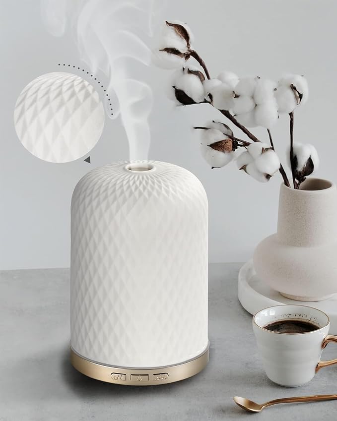 Essential Oil Diffuser - 2.4MHz Ultrasonic Ceramic Diffuser with Pulse/Continuous Mist & Night Light, Waterless Auto-Off, Silent Aromatherapy Diffuser for Home, Office, Yoga, Spa, Gifts & Home Decor.