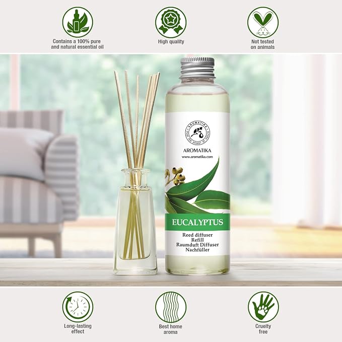 Reed Diffuser Refill Eucalyptus with Eucalyptus & Peppermint Essential Oils 6.8 Fl Oz - Scented Diffuser - Room Diffuser Refill with Fresh and Long Lasting Fragrance - Home Fragrance