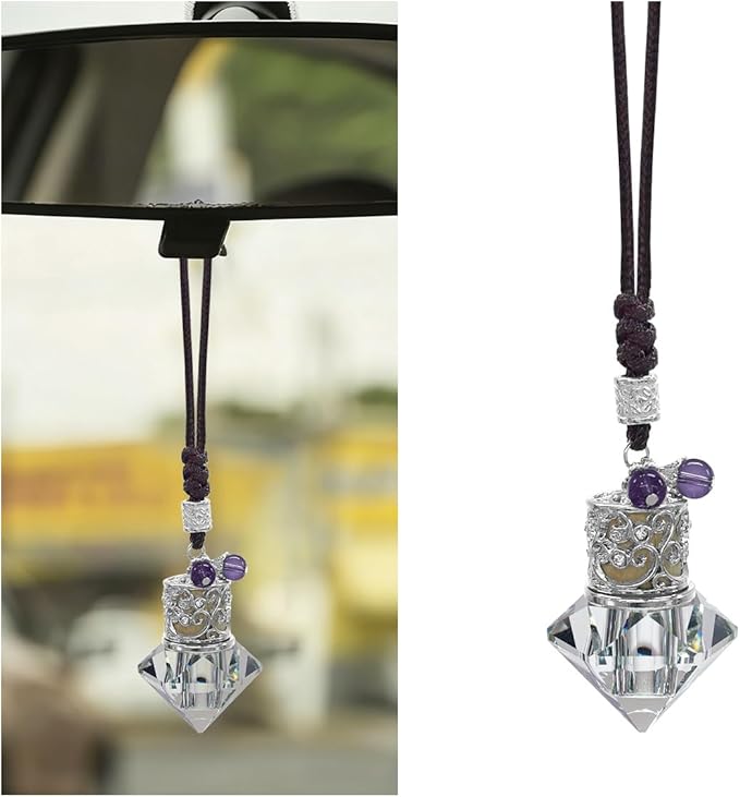 Hanging Car Essential Oil Diffuser Bottle, Crystal Diamond Car Rear View Mirror Charm, 8 ml Empty Glass Bottle Pendant, Elegant Auto Interior Decoration Accessories (Crystal)