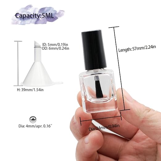6PCS Empty Nail Polish Bottles with Funnel, Empty Fingernail Polish Bottles Glass Rectangle with Brush & Mixing Balls Black (5ML)