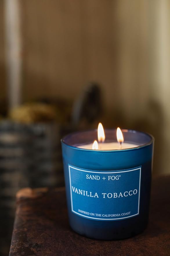 Sand + Fog Scented Candles - Vanilla Tobacco - Additional Scents and Sizes - 3 Wicks 100% Cotton Lead-Free - Luxury Air Freshening Jar Candles - Perfect Home Decor - 21 oz