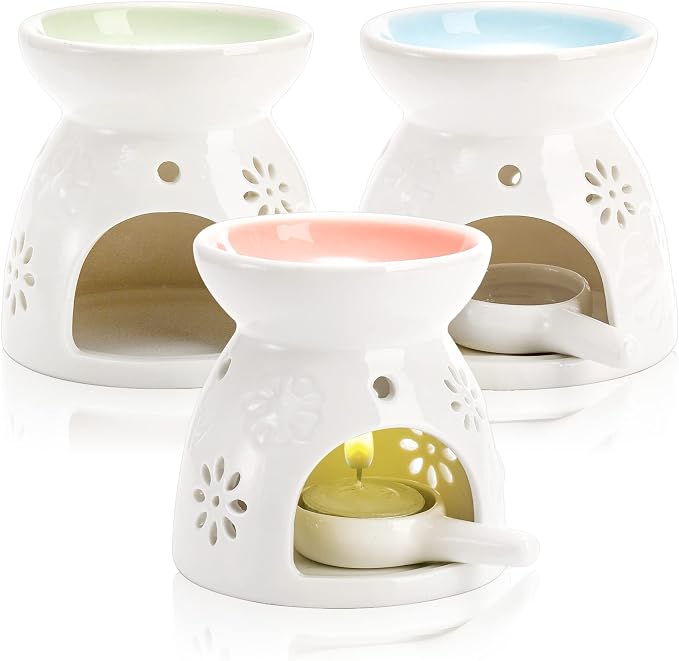 Yesland 3 Pack Ceramic Essential Oil Burner, Wax Melt Burners with Spoon Colored Tealight Candle Holder, Aromatherapy Aroma Burner for Home, Bedroom Decor, Christmas, Birthday, Wedding Gift