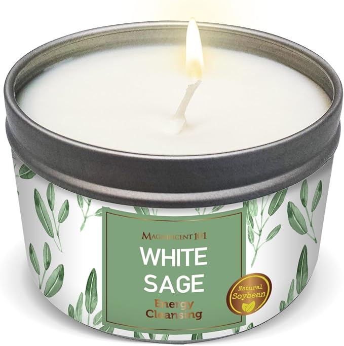 Magnificent 101 Long Lasting Pure White Sage Scented Smudge Candle - 6 Oz - 35 Hour Burn - Made of Soy Wax for House Energy Cleansing, Purification & Manifestation - Soy Candles