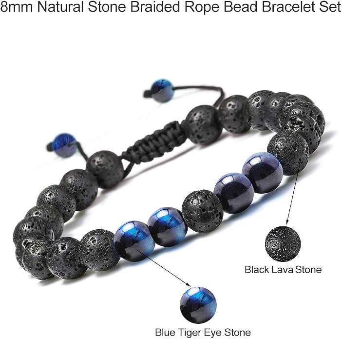 M MOOHAM Mens Bracelet - Beaded Natural Stone 8mm Tiger Eye Matte Agate Lava Rock Bracelets for Men Teen Boys Grandpa Dad Birthday Gifts Jewelry