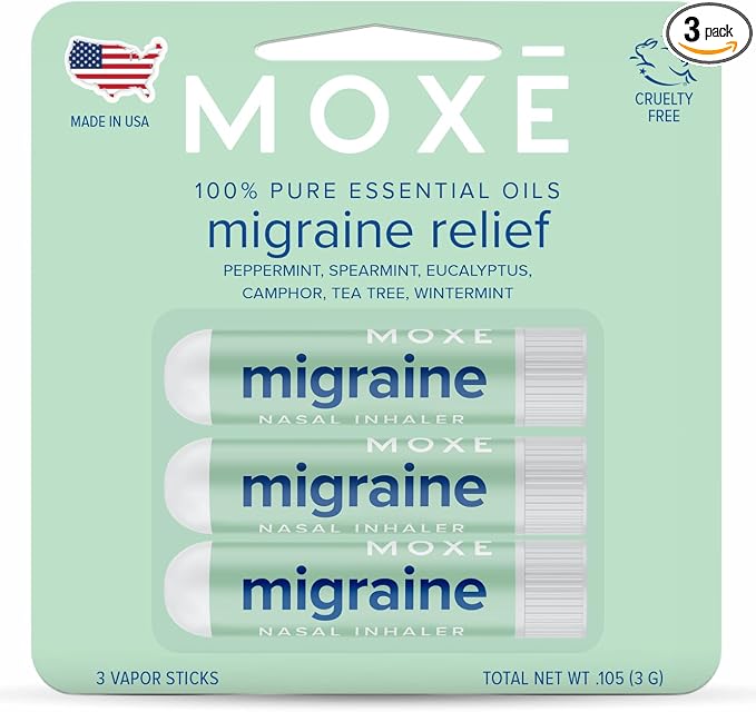 MOXE Migraine Relief Nasal Inhalers, Essential Oils for Headaches & Tension Relief, Portable Aromatherapy, Easy-to-Use, Pure & Undiluted, Peppermint, Spearmint, Eucalyptus, Tea Tree, 3 Pack